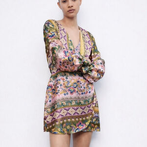 Zara Satin Effect Floral Print Mini Dress Small Printed V-Neck